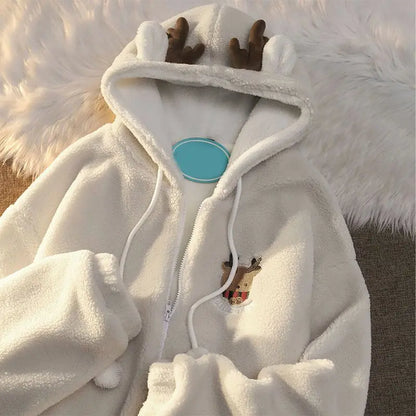 Festive Zip Up Hoodies - Unisex Reindeer Fleece Hoodie with Fun Antler Hood