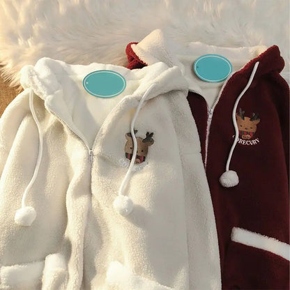 Festive Zip Up Hoodies - Unisex Reindeer Fleece Hoodie with Fun Antler Hood