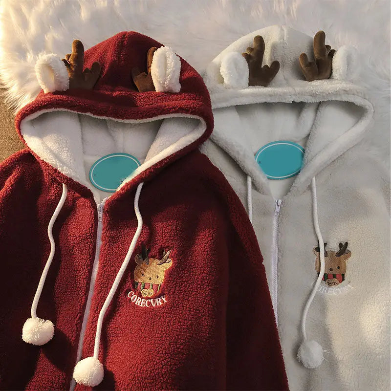 Festive Zip Up Hoodies - Unisex Reindeer Fleece Hoodie with Fun Antler Hood