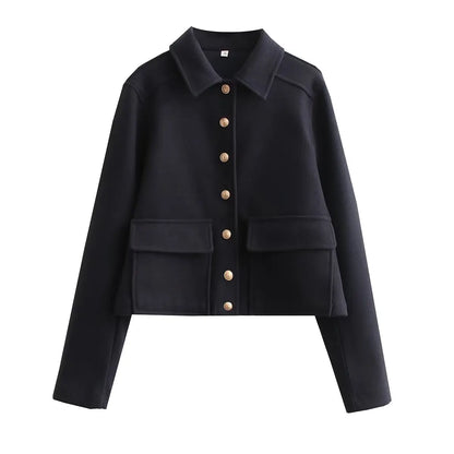 Flap Jackets- Fall Essential Cropped Wool-Blend Jacket- Navy Blue- Pekosa Women Fashion