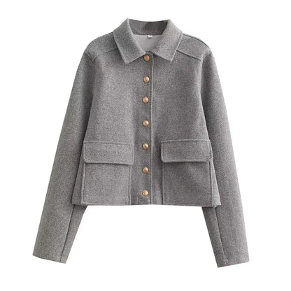 Flap Jackets- Fall Essential Cropped Wool-Blend Jacket- Grey- Pekosa Women Fashion