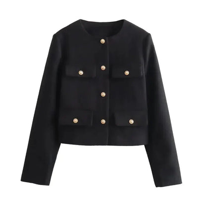 Flap Jackets- Women Boxed Fit Flap Jacket with Gold Buttons- Black- Pekosa Women Fashion