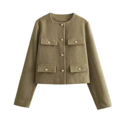 Flap Jackets- Women Boxed Fit Flap Jacket with Gold Buttons- Khaki- Pekosa Women Fashion