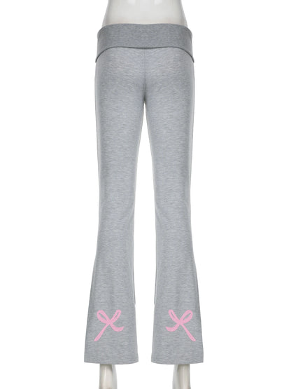 Flared Leggings - Gray Flared Leggings Trendy Low-Rise Ribbon Pants