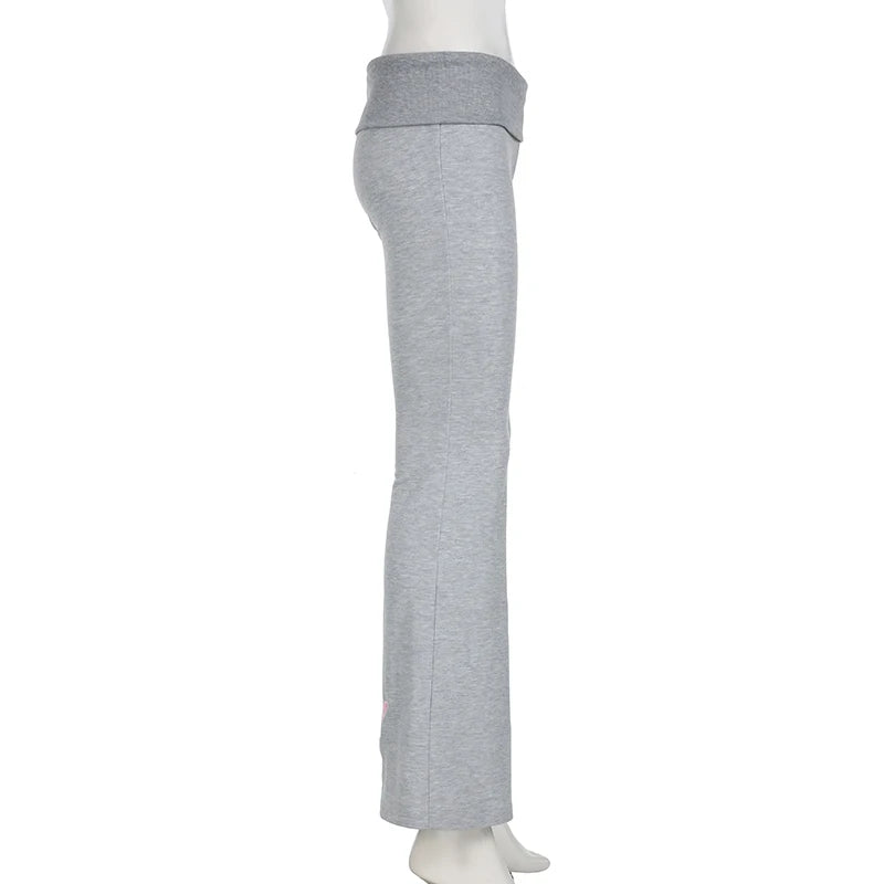 Flared Leggings - Gray Flared Leggings Trendy Low-Rise Ribbon Pants