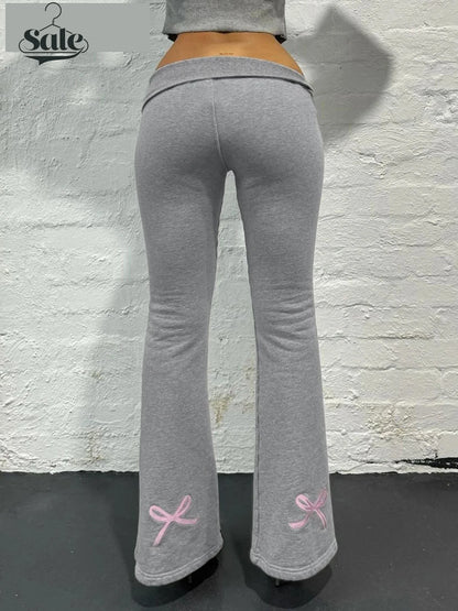 Flared Leggings - Gray Flared Leggings Trendy Low-Rise Ribbon Pants