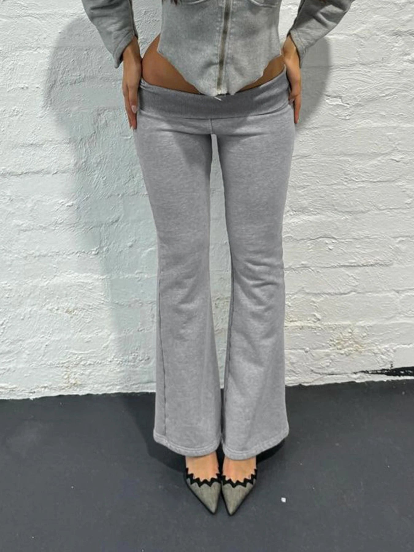 Flared Leggings - Gray Flared Leggings Trendy Low-Rise Ribbon Pants