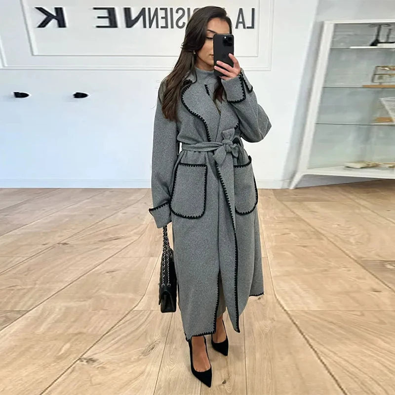 Fleece Coat- Winter Embroidered Faux Wool Wrap Belted Coat- - Pekosa Women Clothing