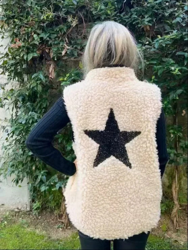 Fleece Vests - Cream Fleece Vest with Star Detail for Effortless Layering