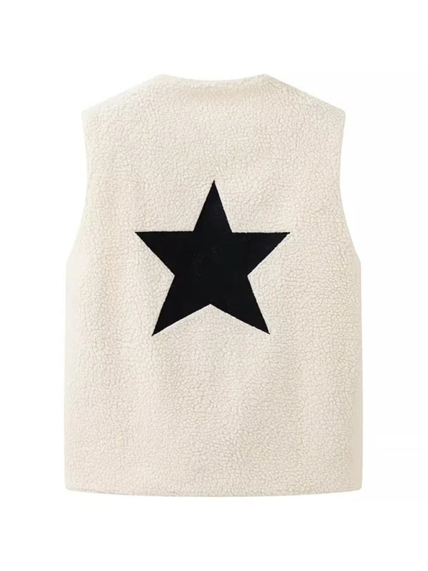 Fleece Vests - Cream Fleece Vest with Star Detail for Effortless Layering