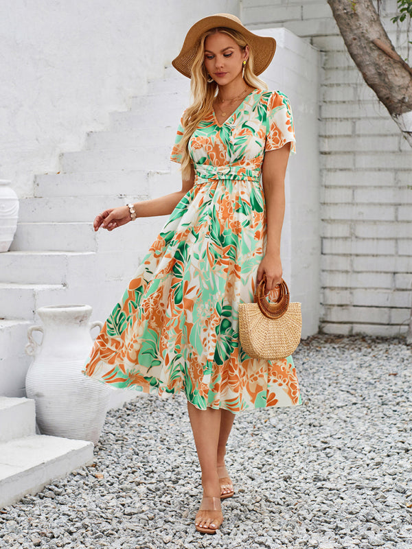 Floral Dresses- Boho Women's Floral Print Midi Dress with Smocked Waistband- - Pekosa Women Fashion