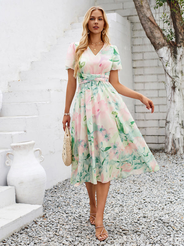 Floral Dresses- Boho Women's Floral Print Midi Dress with Smocked Waistband- - Pekosa Women Fashion