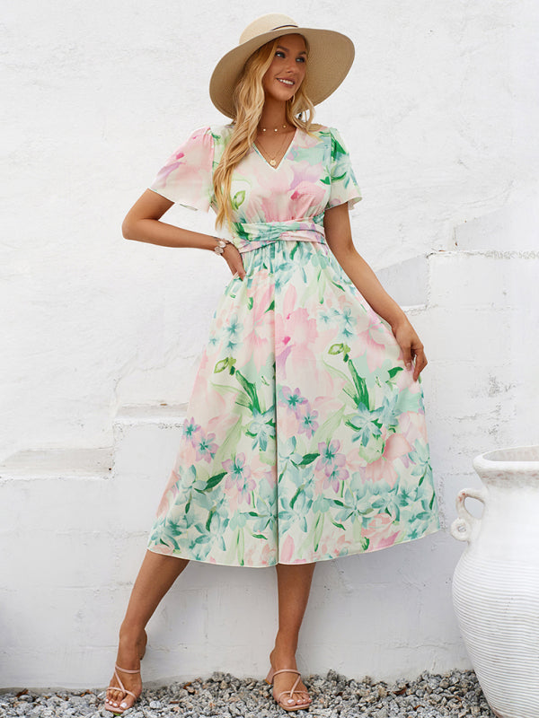 Floral Dresses- Boho Women's Floral Print Midi Dress with Smocked Waistband- - Pekosa Women Fashion