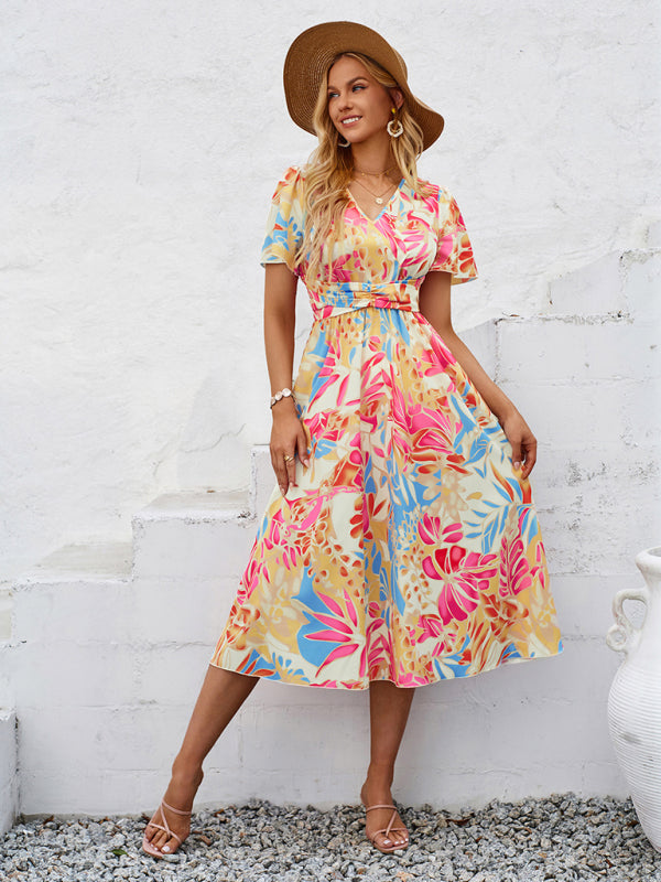 Floral Dresses- Boho Women's Floral Print Midi Dress with Smocked Waistband- - Pekosa Women Fashion