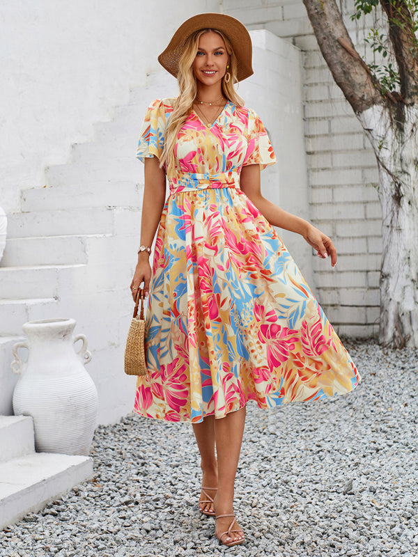 Floral Dresses- Boho Women's Floral Print Midi Dress with Smocked Waistband- - Pekosa Women Fashion