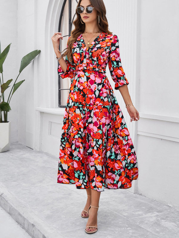 Floral Dresses- Cocktail Attire V-Neck Floral Dress with 3/4 Sleeves and Slit- - Chuzko Women Clothing