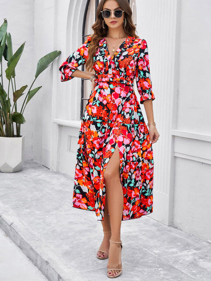 Floral Dresses- Cocktail Attire V-Neck Floral Dress with 3/4 Sleeves and Slit- - Chuzko Women Clothing