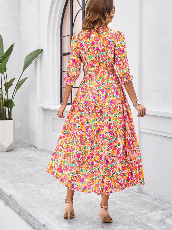 Floral Dresses- Cocktail Attire V-Neck Floral Dress with 3/4 Sleeves and Slit- - Chuzko Women Clothing