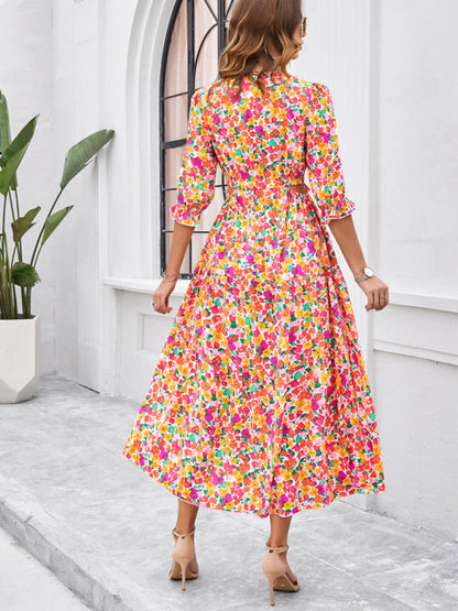 Floral Dresses- Cocktail Attire V-Neck Floral Dress with 3/4 Sleeves and Slit- - Chuzko Women Clothing