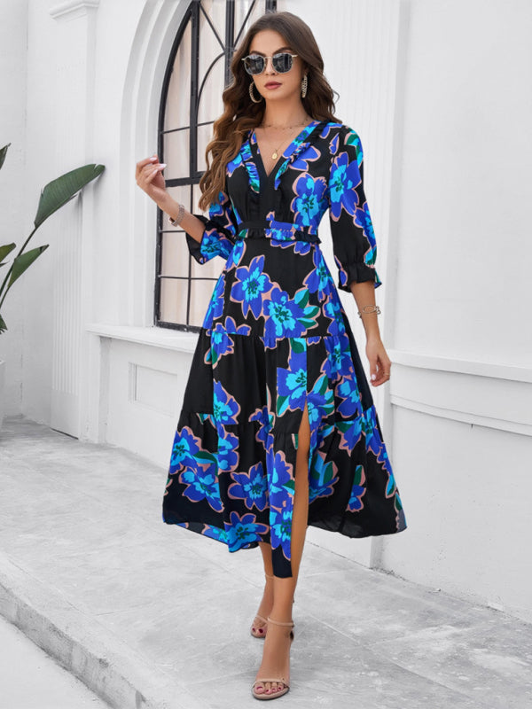 Floral Dresses- Cocktail Attire V-Neck Floral Dress with 3/4 Sleeves and Slit- - Chuzko Women Clothing