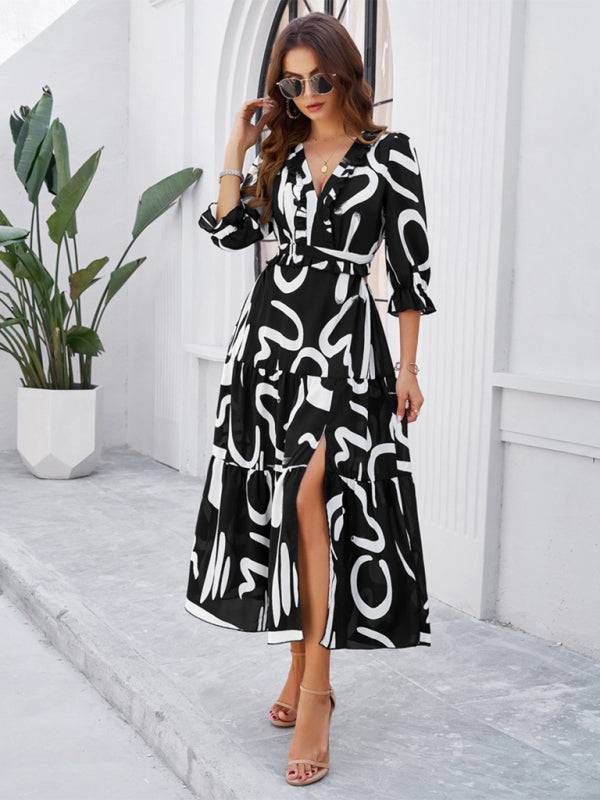 Floral Dresses- Cocktail Attire V-Neck Floral Dress with 3/4 Sleeves and Slit- - Chuzko Women Clothing