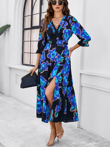 Floral Dresses- Cocktail Attire V-Neck Floral Dress with 3/4 Sleeves and Slit- - Chuzko Women Clothing