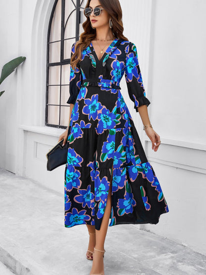 Floral Dresses- Cocktail Attire V-Neck Floral Dress with 3/4 Sleeves and Slit- - Chuzko Women Clothing