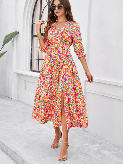 Floral Dresses- Cocktail Attire V-Neck Floral Dress with 3/4 Sleeves and Slit- - Chuzko Women Clothing