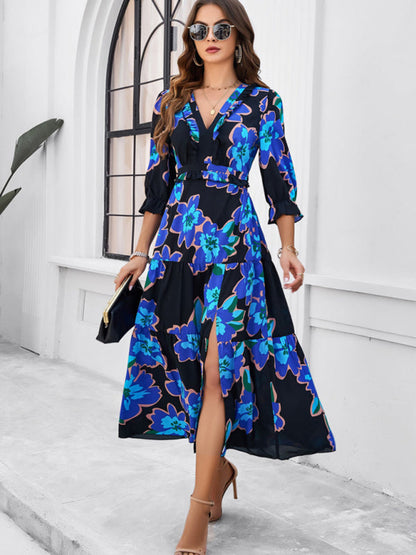 Floral Dresses- Cocktail Attire V-Neck Floral Dress with 3/4 Sleeves and Slit- - Chuzko Women Clothing