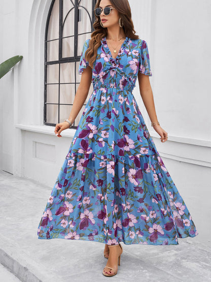 Floral Dresses- Floral V-Neck Midi Dress with Flared Sleeves & Smocked Waist- - Chuzko Women Clothing