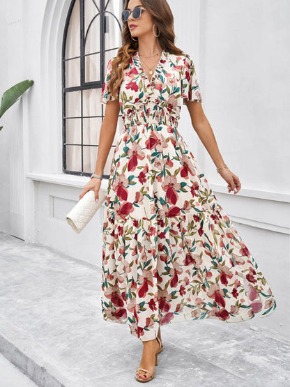 Floral Dresses- Floral V-Neck Midi Dress with Flared Sleeves & Smocked Waist- - Chuzko Women Clothing