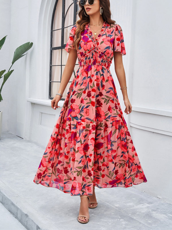 Floral Dresses- Floral V-Neck Midi Dress with Flared Sleeves & Smocked Waist- - Chuzko Women Clothing