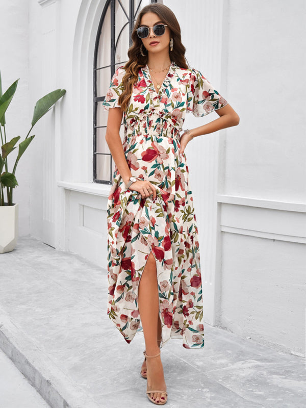 Floral Dresses- Floral V-Neck Midi Dress with Flared Sleeves & Smocked Waist- - Chuzko Women Clothing