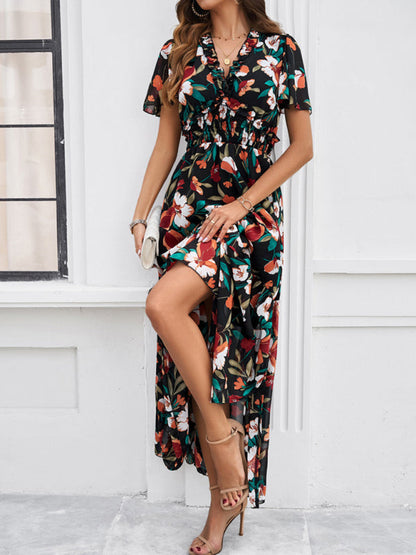 Floral Dresses- Floral V-Neck Midi Dress with Flared Sleeves & Smocked Waist- - Chuzko Women Clothing