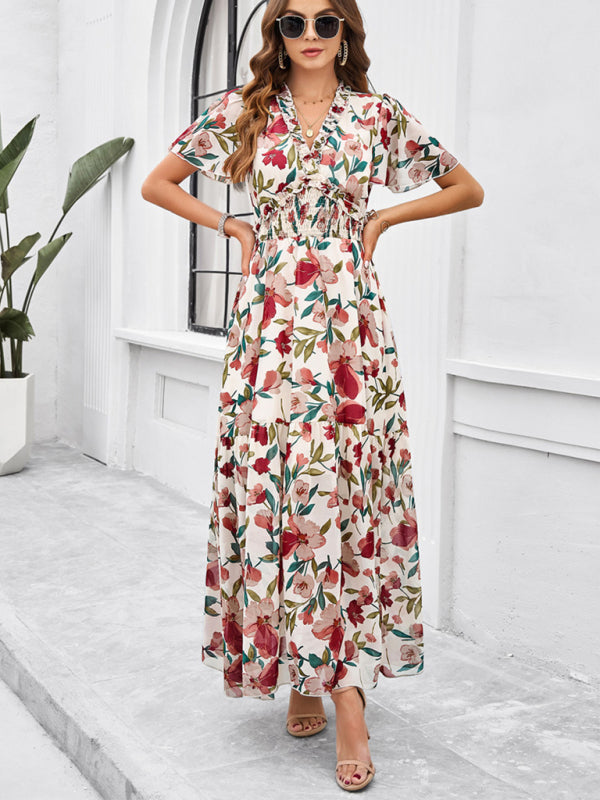 Floral Dresses- Floral V-Neck Midi Dress with Flared Sleeves & Smocked Waist- - Chuzko Women Clothing