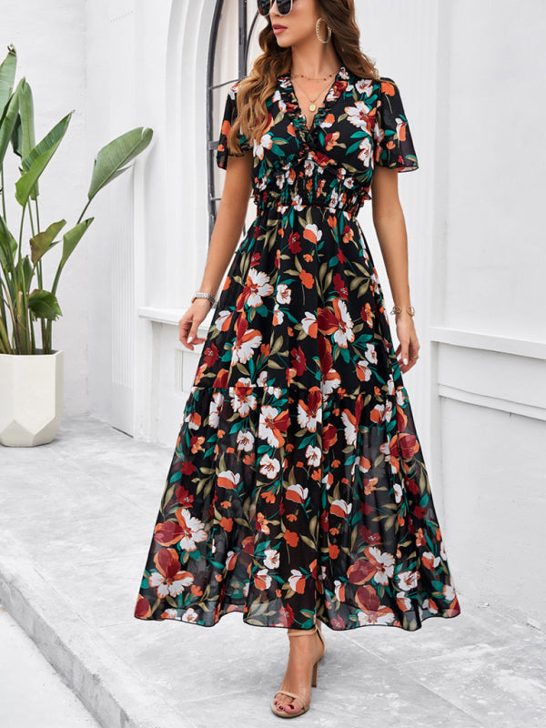 Floral Dresses- Floral V-Neck Midi Dress with Flared Sleeves & Smocked Waist- - Chuzko Women Clothing