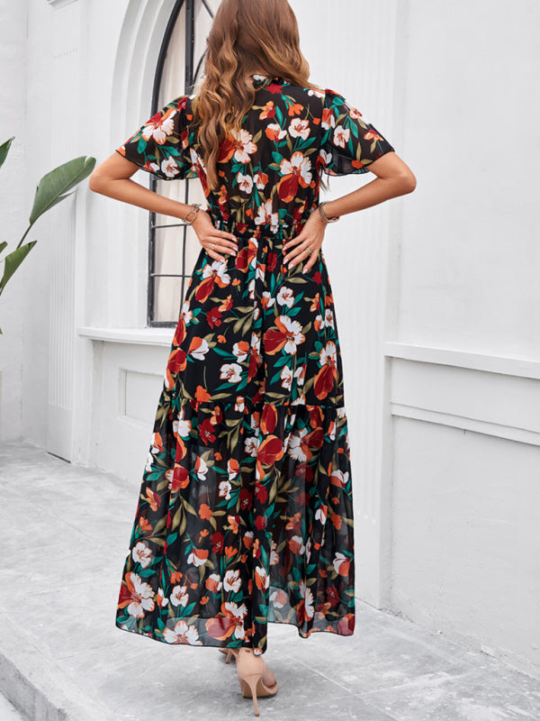 Floral Dresses- Floral V-Neck Midi Dress with Flared Sleeves & Smocked Waist- - Chuzko Women Clothing