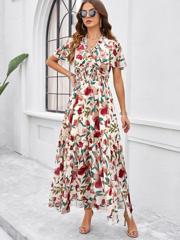 Floral Dresses- Floral V-Neck Midi Dress with Flared Sleeves & Smocked Waist- - Chuzko Women Clothing