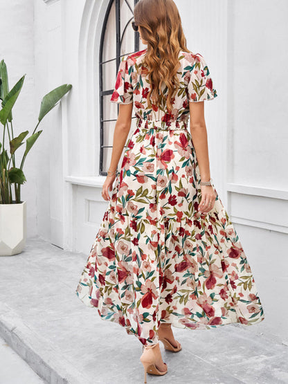 Floral Dresses- Floral V-Neck Midi Dress with Flared Sleeves & Smocked Waist- - Chuzko Women Clothing