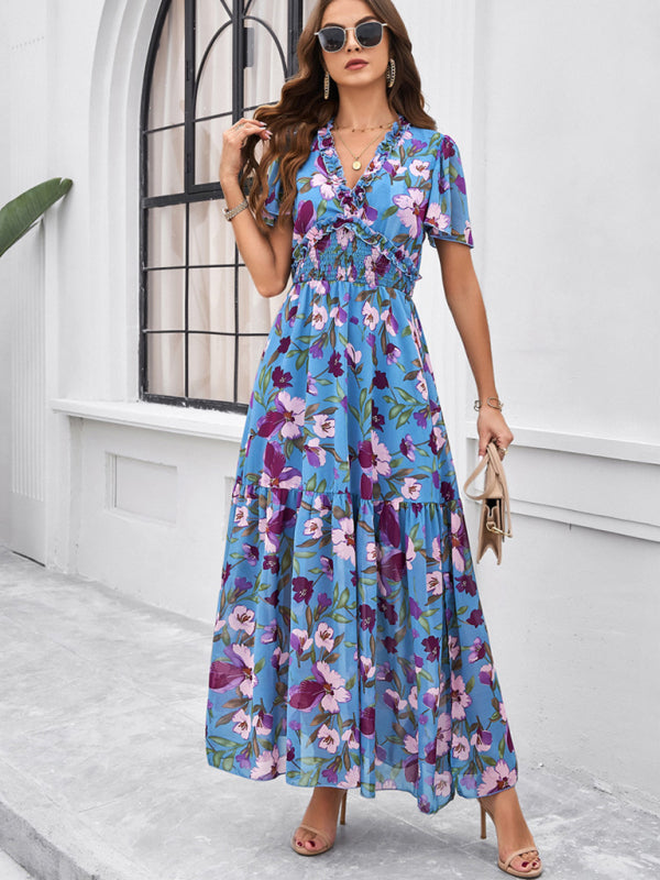 Floral Dresses- Floral V-Neck Midi Dress with Flared Sleeves & Smocked Waist- - Chuzko Women Clothing