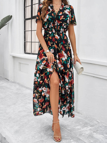 Floral Dresses- Floral V-Neck Midi Dress with Flared Sleeves & Smocked Waist- - Chuzko Women Clothing