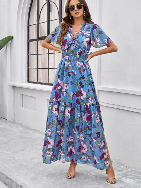 Floral Dresses- Floral V-Neck Midi Dress with Flared Sleeves & Smocked Waist- - Chuzko Women Clothing