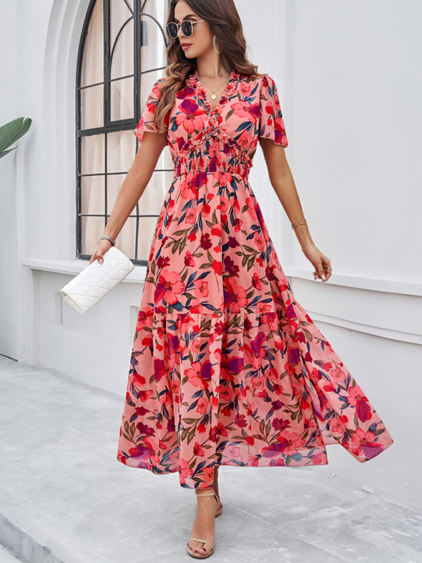 Floral Dresses- Floral V-Neck Midi Dress with Flared Sleeves & Smocked Waist- - Chuzko Women Clothing