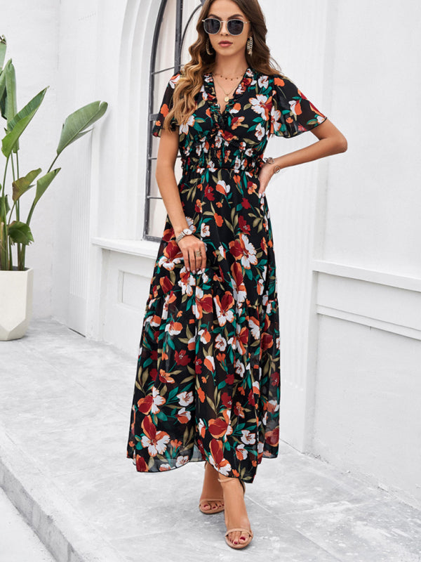 Floral Dresses- Floral V-Neck Midi Dress with Flared Sleeves & Smocked Waist- - Chuzko Women Clothing