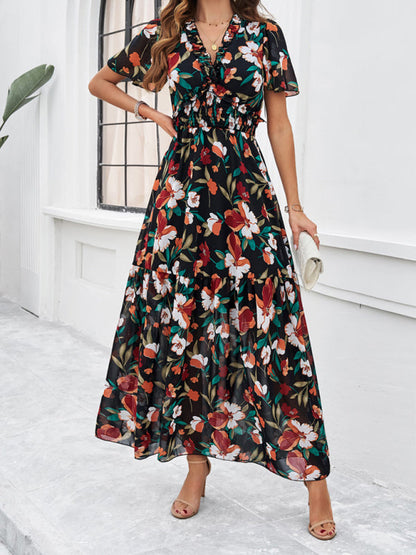 Floral Dresses- Floral V-Neck Midi Dress with Flared Sleeves & Smocked Waist- Black- Chuzko Women Clothing