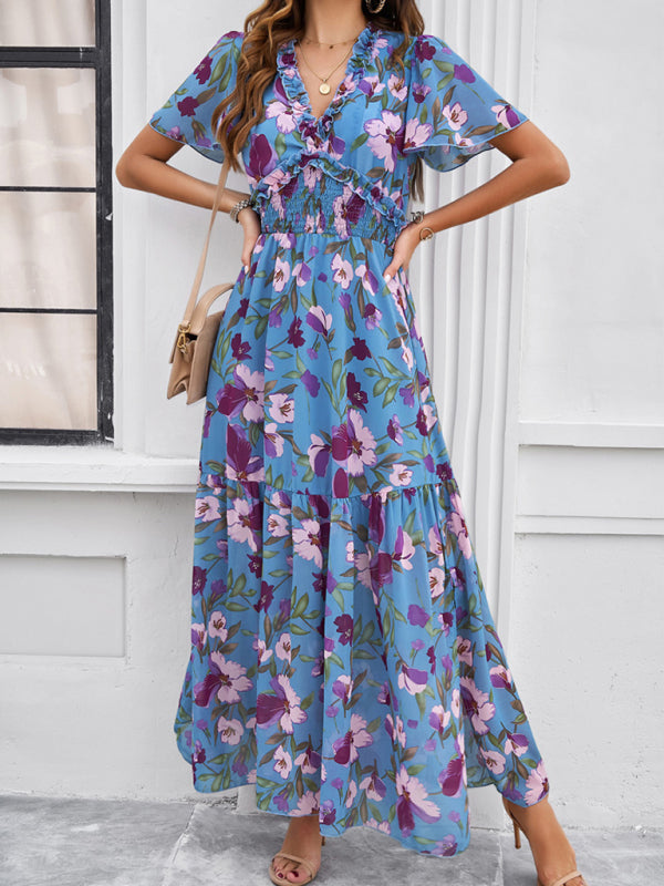 Floral Dresses- Floral V-Neck Midi Dress with Flared Sleeves & Smocked Waist- Purplish blue navy- Chuzko Women Clothing