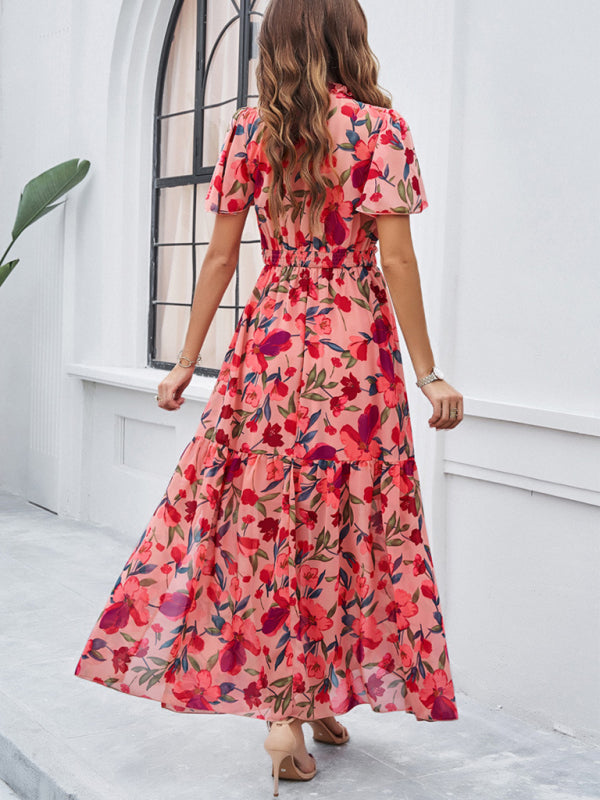 Floral Dresses- Floral V-Neck Midi Dress with Flared Sleeves & Smocked Waist- - Chuzko Women Clothing