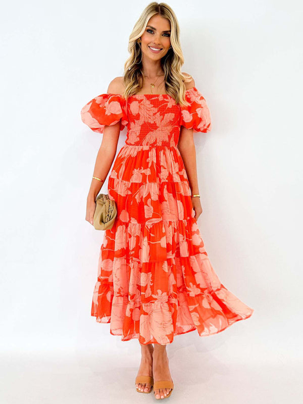 Floral Dresses - Boho Floral Off-Shoulder Midi Dress for Summer Events