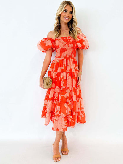 Floral Dresses - Boho Floral Off-Shoulder Midi Dress for Summer Events