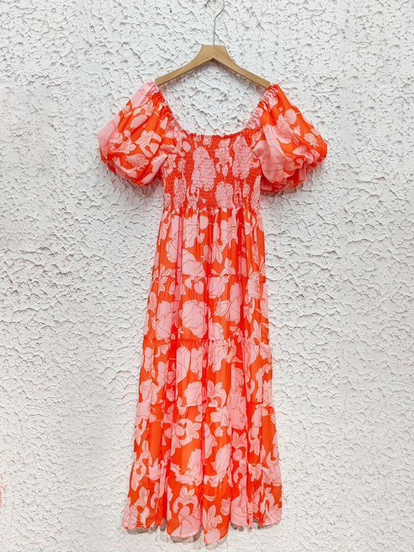 Floral Dresses - Boho Floral Off-Shoulder Midi Dress for Summer Events